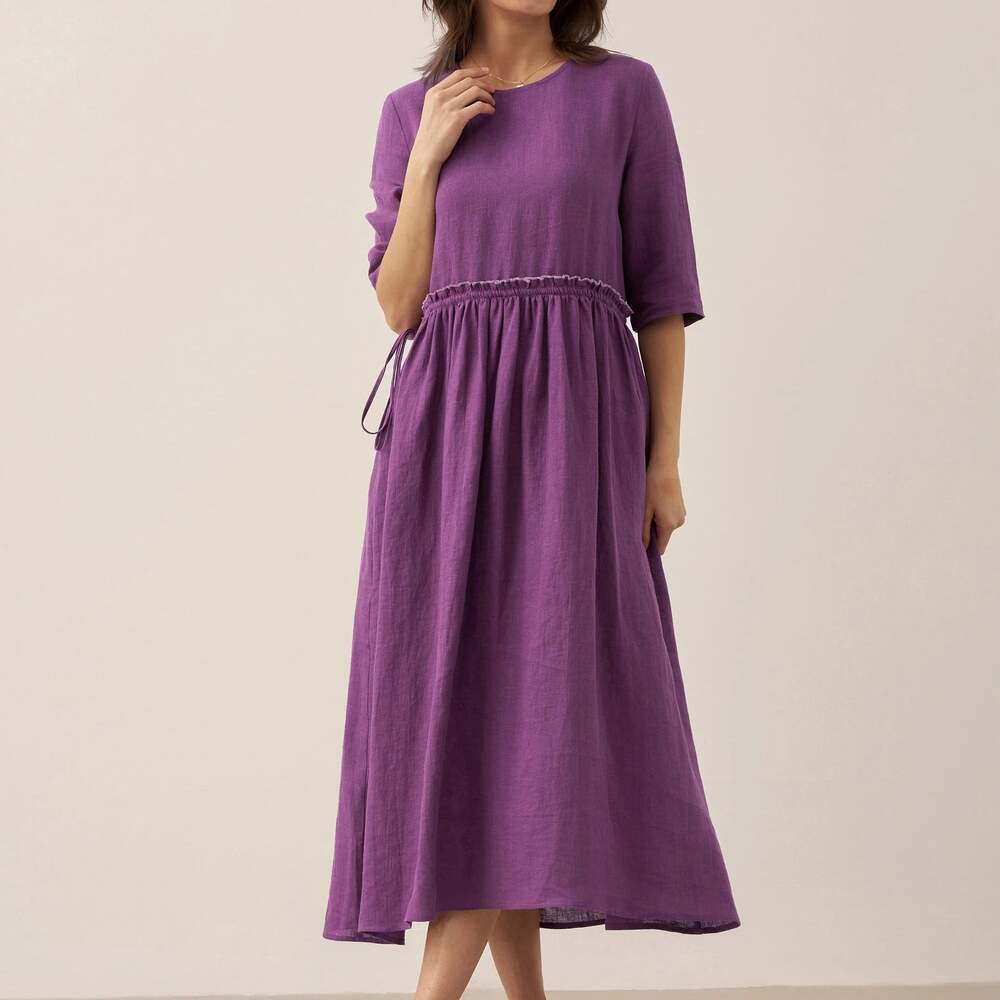Lintico Linen Petal-Waist Drawstring Midi Dress Plum Purple XL